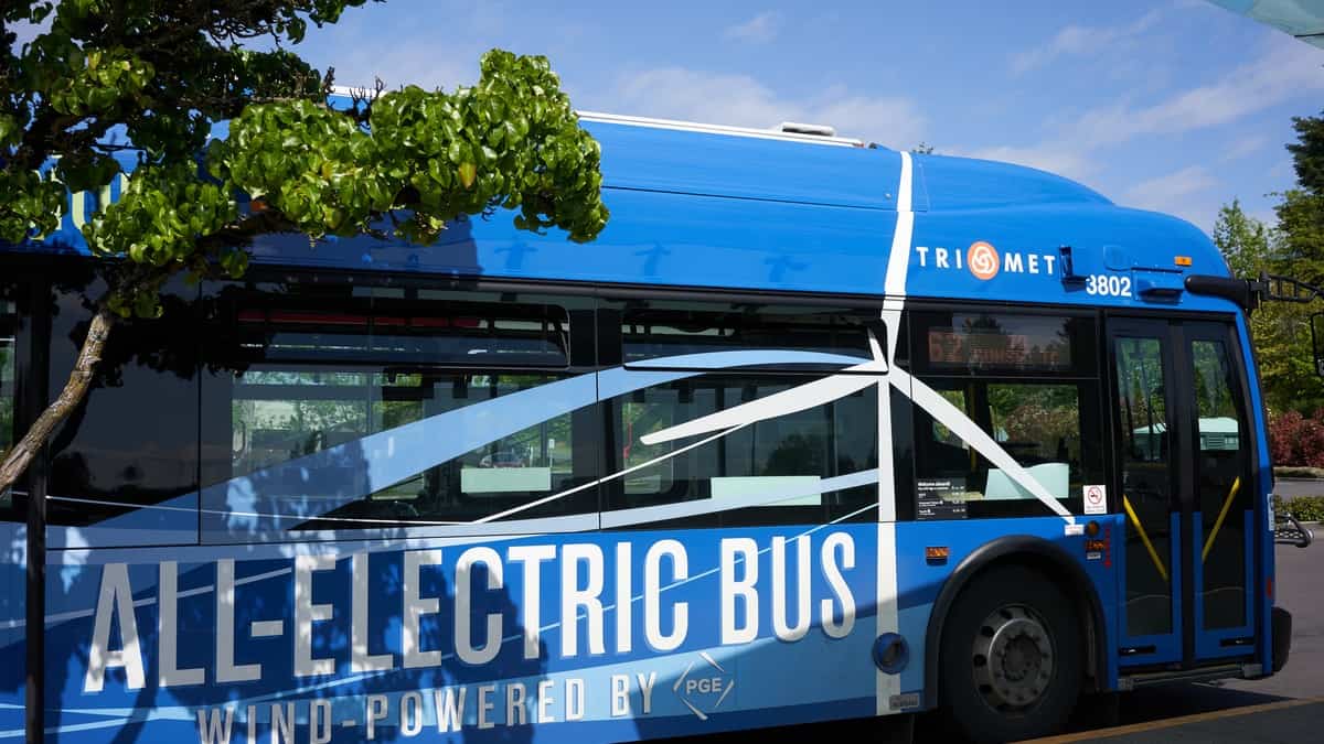 An all-electric bus wind-powered by PGE is seen at the Washington Square Transit Center in Tigard, Oregon. Portland General Electric (PGE) is a public utility.