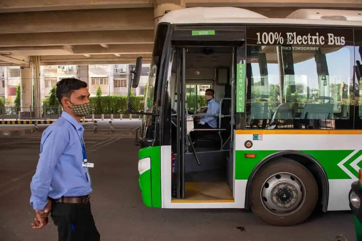E-Bus public service waiting for passengers. Delhi Government's state of the art electric bus are operational in the city as a metro bus feeder service