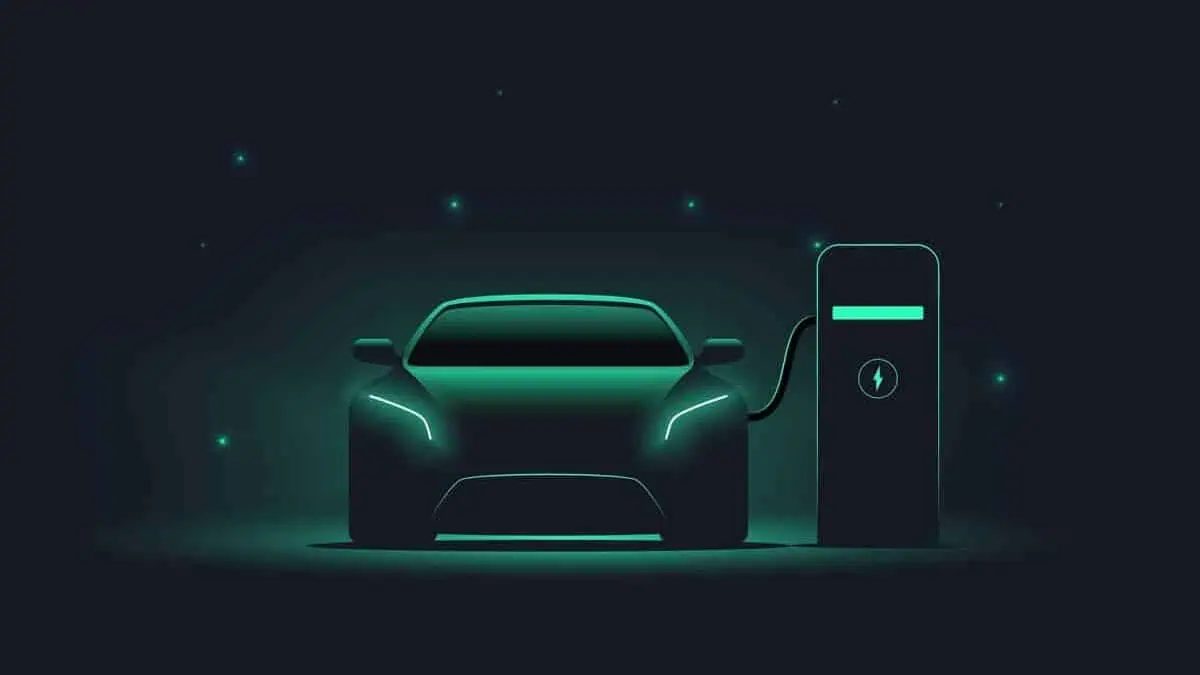 Front view electric car silhouette with green glowing on dark background. EV concept. Vector illustration
