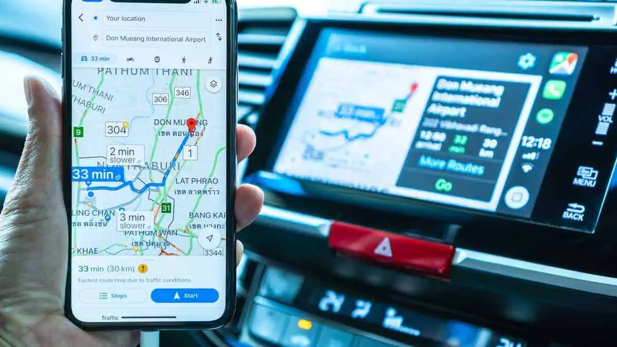 Google map on Apple CarPlay app on iPhone X smart mobile application for online gps road travel map