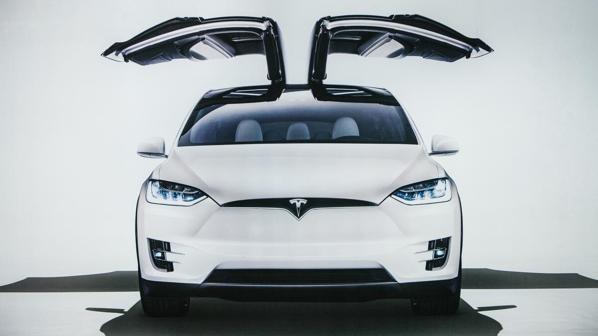 Image of an electric vehicle Tesla model X at the Tesla motor show in Berlin. A modern electric car.