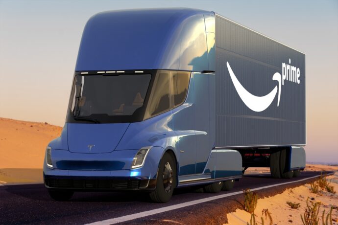 Tesla Semi Truck with a semi-trailer with the Amazon Prime logo