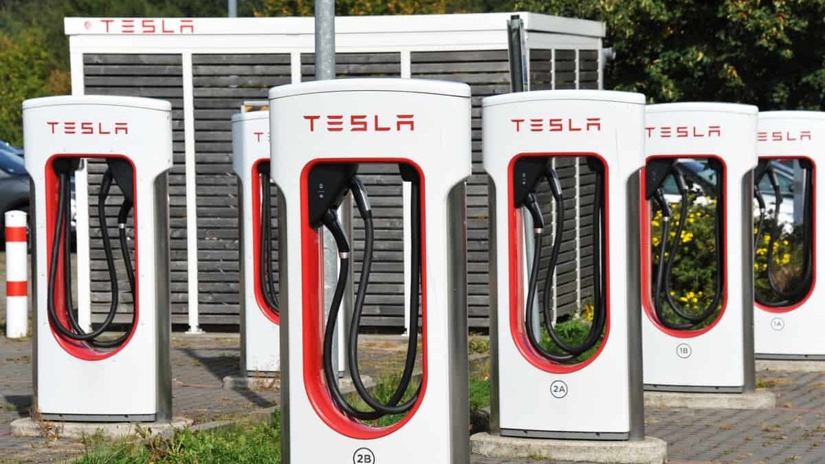 Tesla Supercharger Station near Bispingen, Germany - Tesla is an American electic vehicle and clean energy company