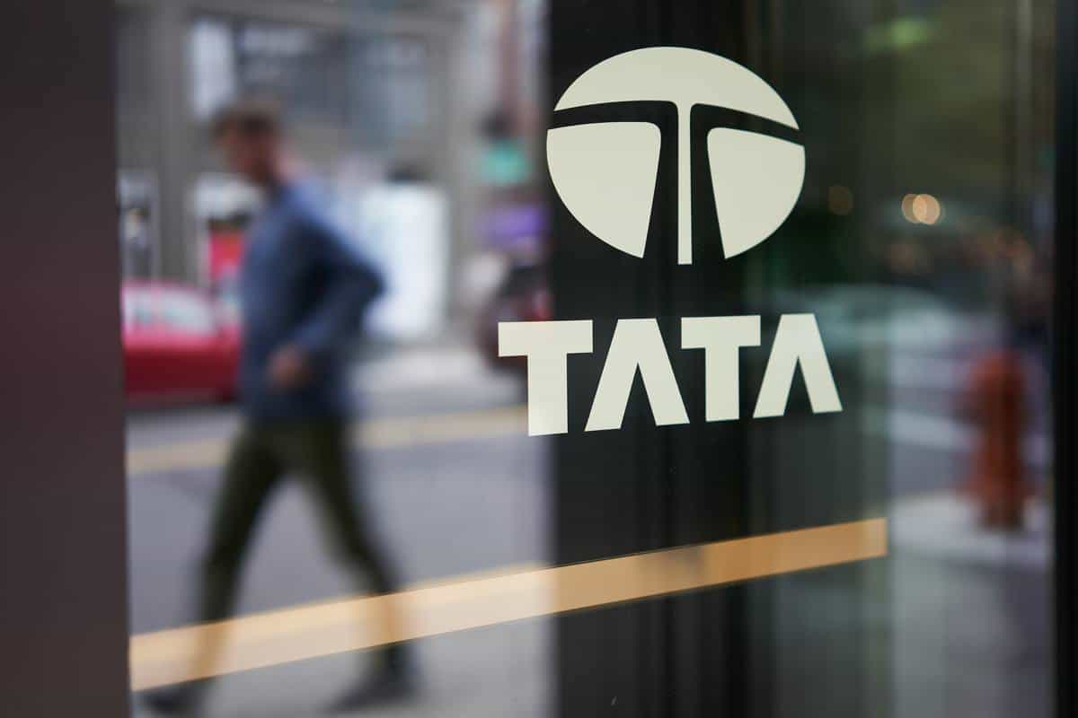 The TATA logo at the entrance to Tata Group Portland Office. Tata Group is an Indian multinational conglomerate holding company headquartered in Mumbai, India.