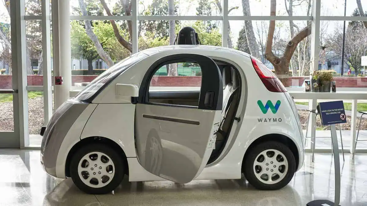 A Waymo self-driving car on display. It is a subsidiary of Alphabet Inc