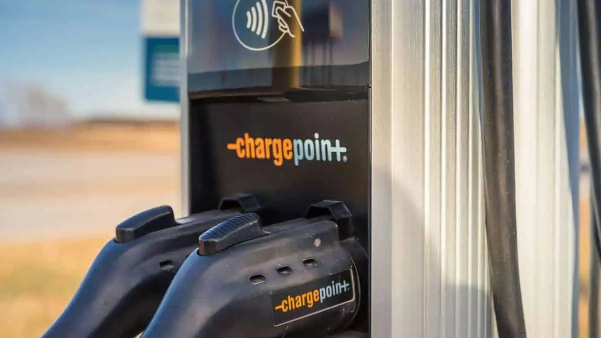 ChargePoint commercial dual port EV electric vehicle charging station at Kansas Turnpike Service Center