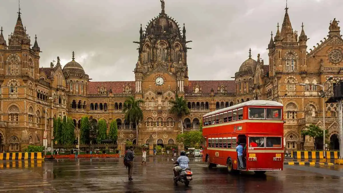 Chhatrapati Shivaji Terminus railway station (CSTM) and BEST bus in Mumbai, Maharashtra, India