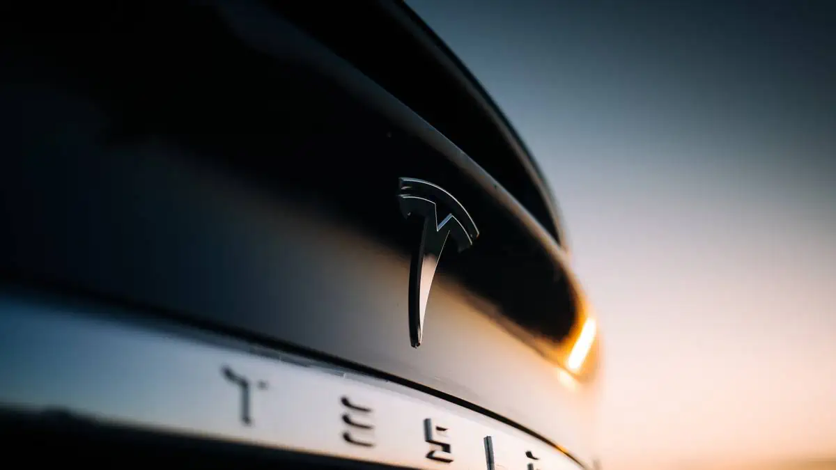 Tesla logo at the trunk of Model X at the evening