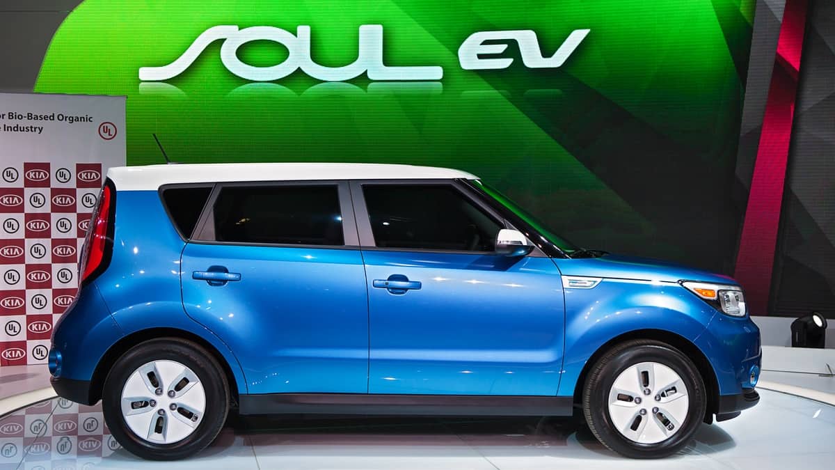 The Kia Sould EV electric on display at the Chicago Auto Show