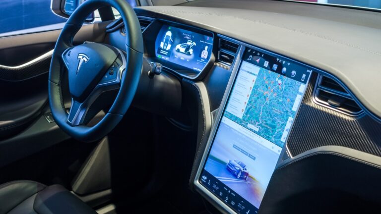 The dashboard of a full-sized, all-electric, luxury, crossover SUV Tesla Model X