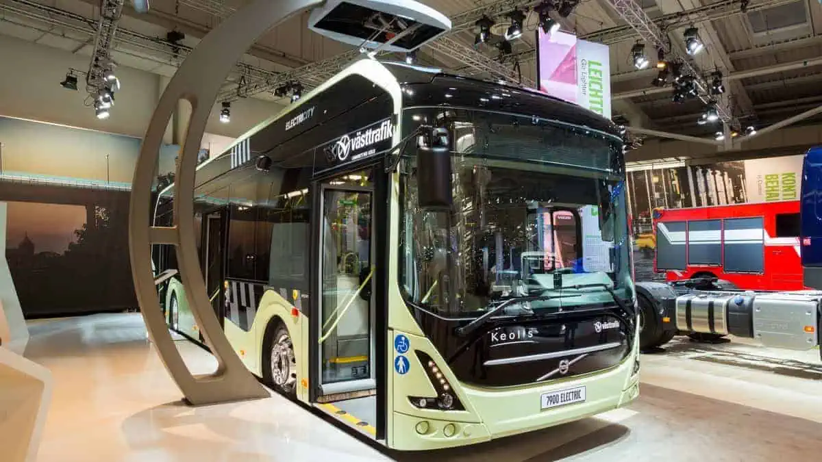 Volvo 7900 electric hybrid bus on display at the International Motor Show for Commercial Vehicles.