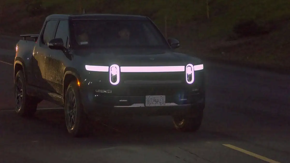 A closeup shot of a Rivian R1T spotted on the road
