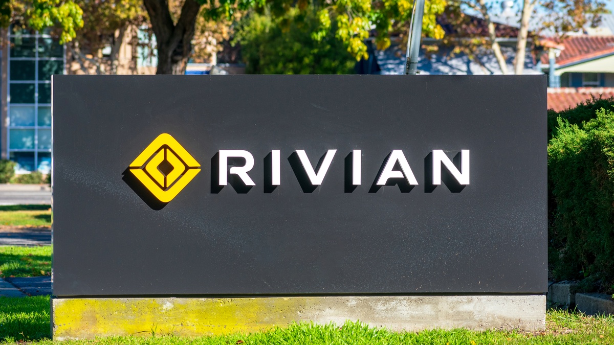 Rivian sign logo at headquarters in Silicon Valley