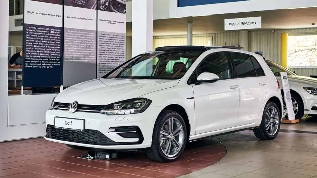 13 of July, 2019 - Vinnitsa, Ukraine. Volkswagen NEW Golf R-line 2019, car produced by German automaker VAG Group, presentation in showroom, front side