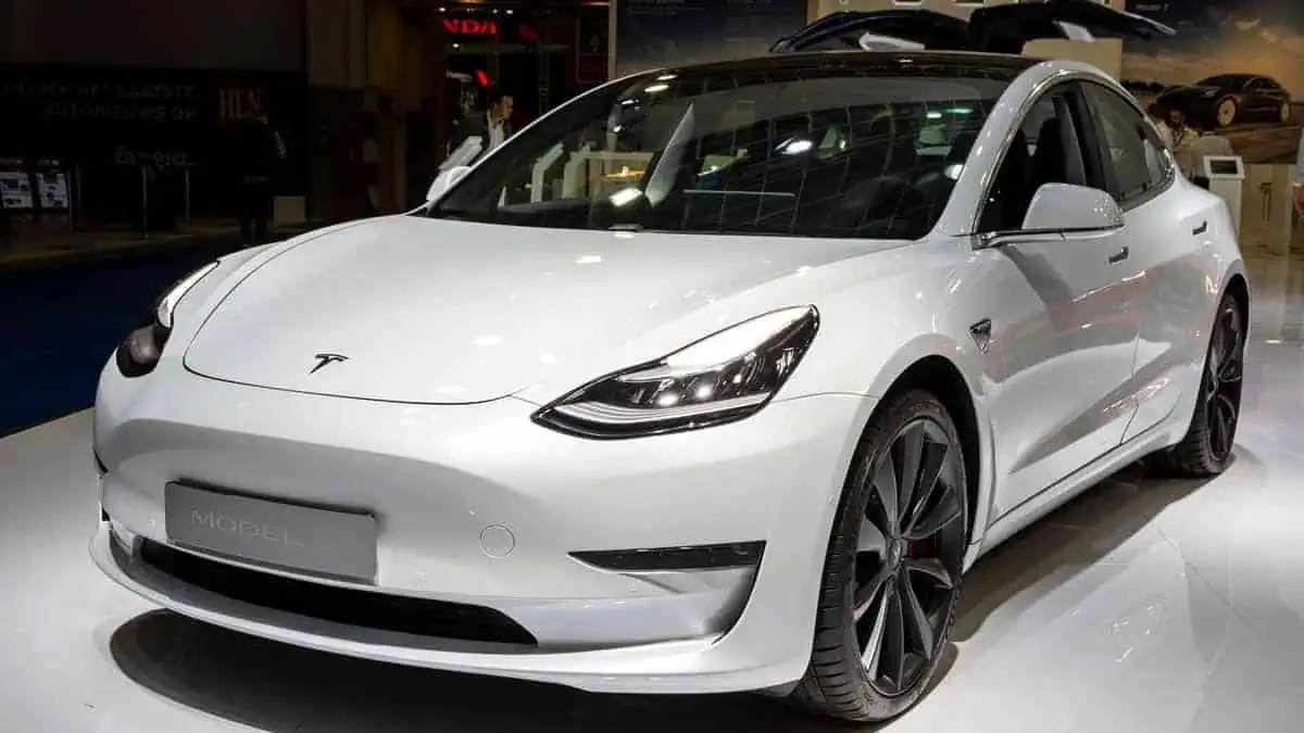 BRUSSELS - JAN 9, 2020 New Tesla Model 3 electric car presented at the Brussels Autosalon 2020 Motor Show.
