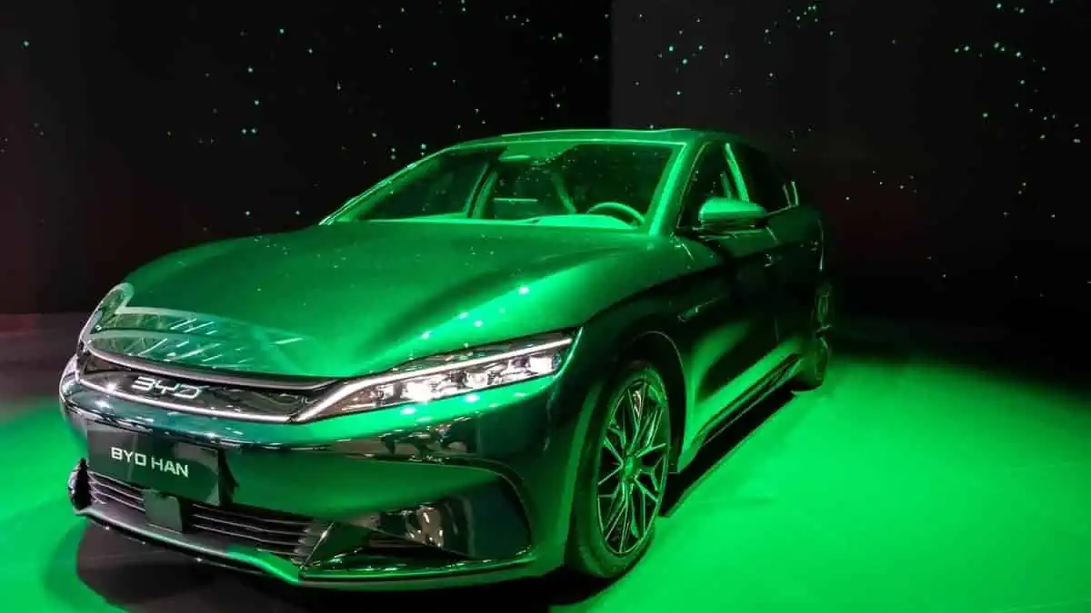 BYD Han all-electric car showcased at the Paris Motor Show, France - October 17, 2022.