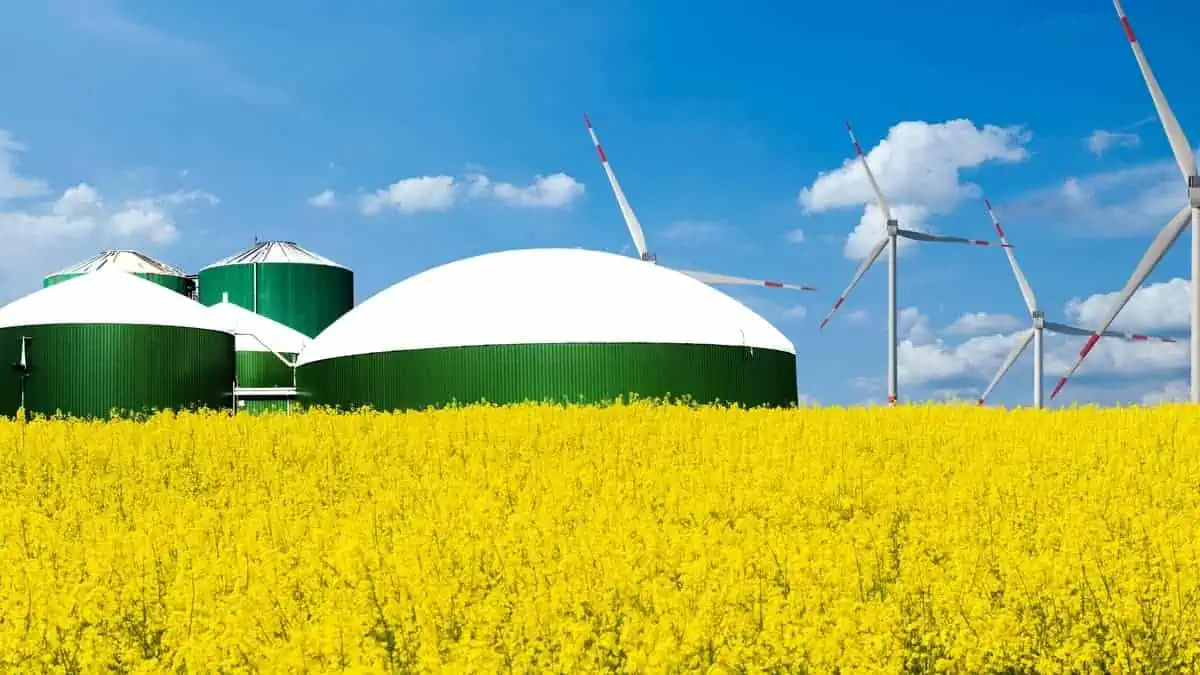Biogas plant stands behind a field with blue sky