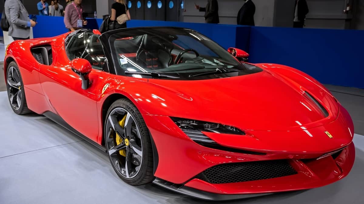 Ferrari SF90 Stradale Plug-In Hybrid electric sports car showcased at the Paris Motor Show, France - October 17, 2022.