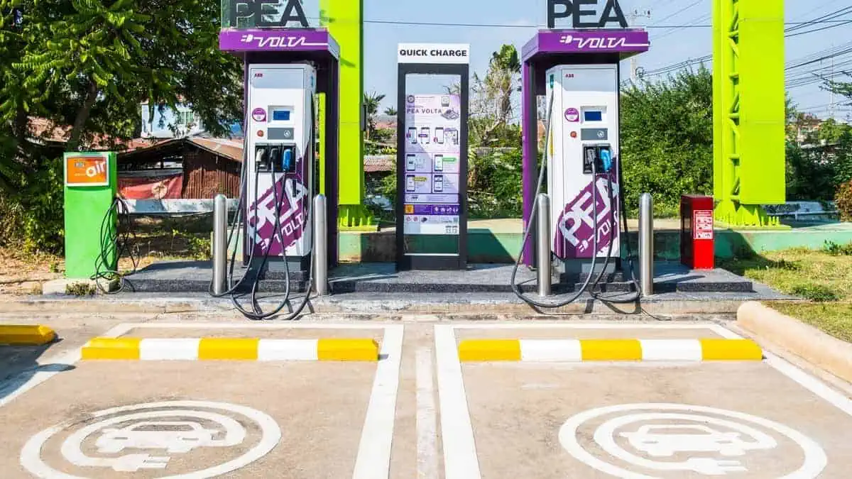 Kamphaeng Phet, Thailand - Jan 16 2022 PEA VOLTA electric car charging network station alternative energy for traveling by car is located in a Bangchak gas station at Kamphaeng Phet province Thailand