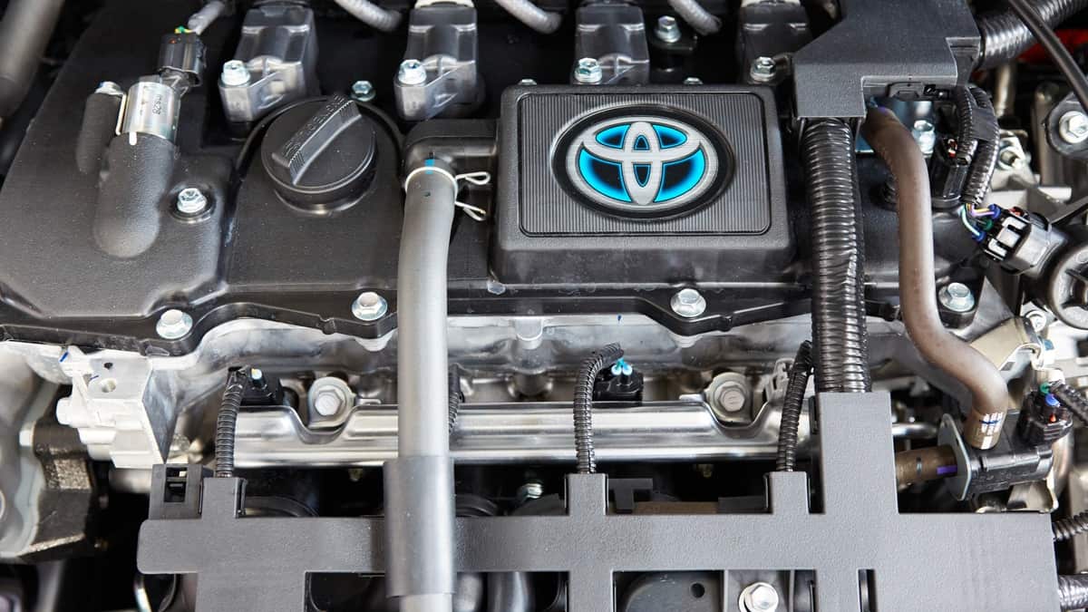 Lublin, Poland - August 1, 2019 Engine - a hybrid unit in a Toyota Corolla car available for sale at Toyota Auto Park. Toyota is a precursor to the production of vehicles equipped with hybrid drive