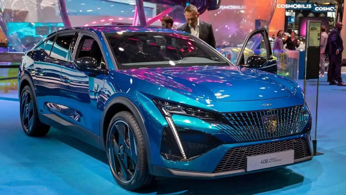 New 2023 Peugeot 408 plug-in hybrid car showcased at the Paris Motor Show, France - October 17, 2022.