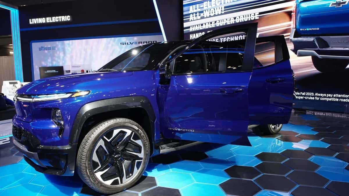 New York, New York, USA - April 23, 2022 2024 Chevrolet Silverado electric pickup truck at the New York Auto Show