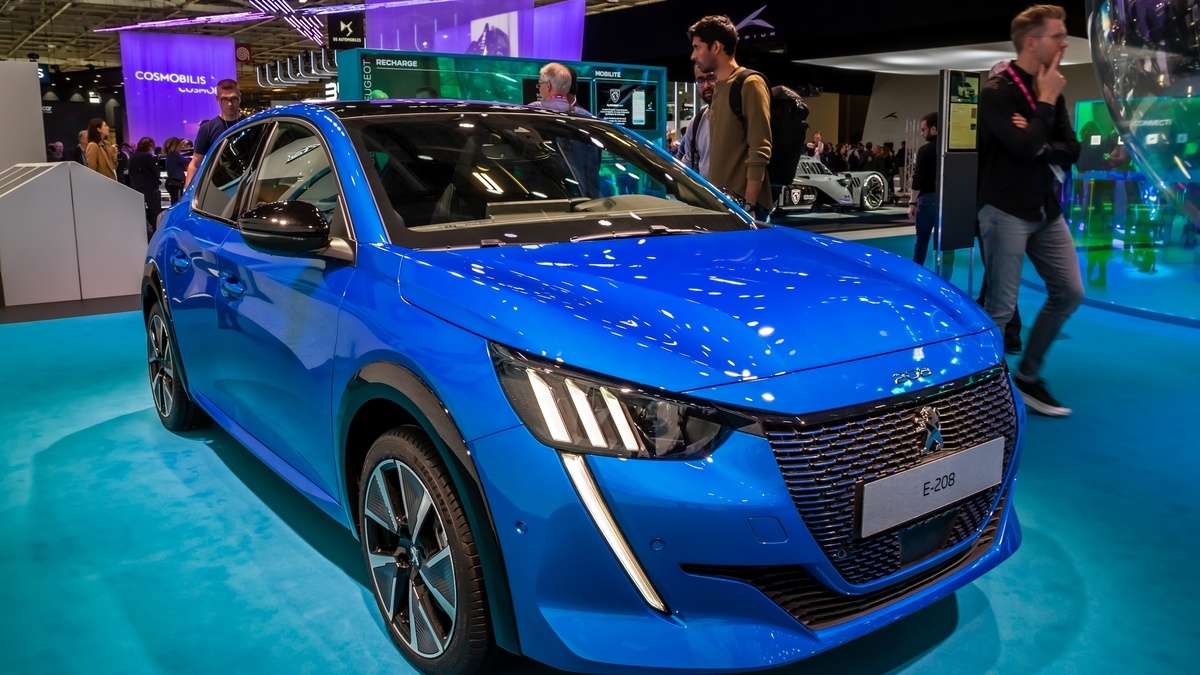 Peugeot E-208 all-electric car showcased at the Paris Motor Show, France - October 17, 2022.