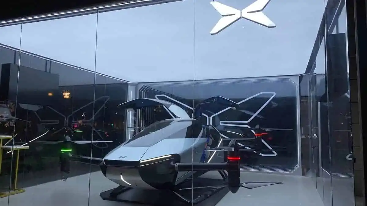 Shanghai,China-August 7th 2022 XPeng Voyager X2 electric Flying Car and brand logo. XPENG Motors is a Chinese company