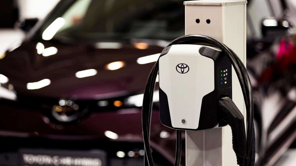 Sofia, Bulgaria - 3 June, 2022 Close-up of Toyota logo is seen on EV charging station at Sofia Motor Show.