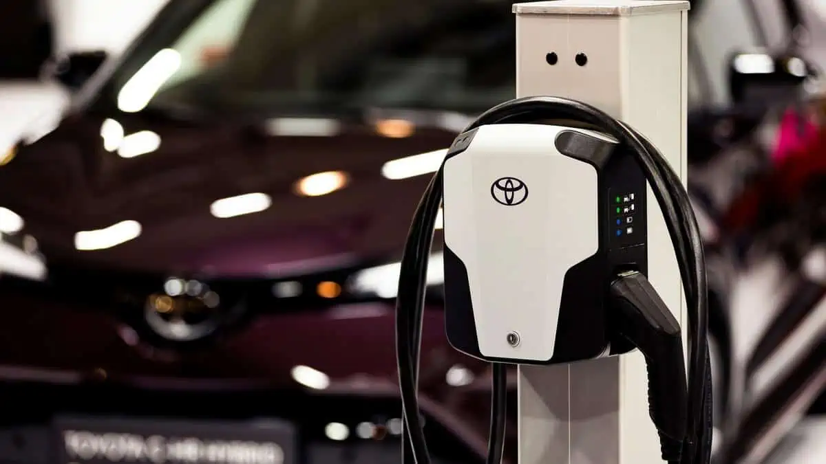 Sofia, Bulgaria - 3 June, 2022 Close-up of Toyota logo is seen on EV charging station at Sofia Motor Show.