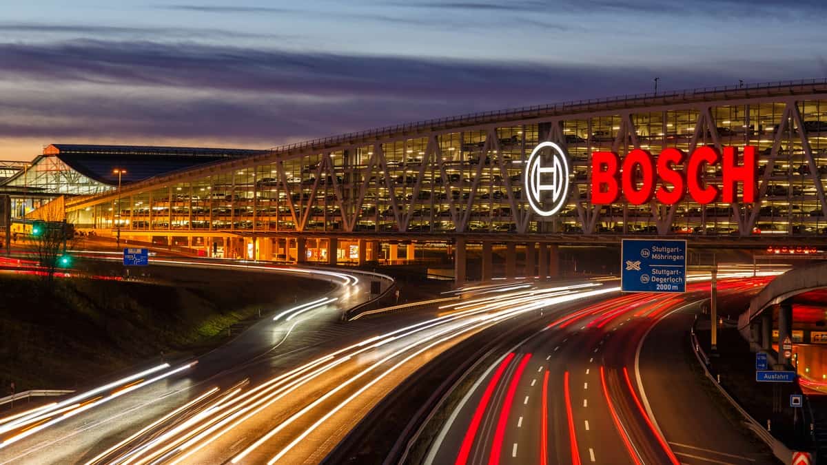 Stuttgart, Germany – January 11, 2020 Stuttgart fair exhibition expo traffic Autobahn A8 highway Messe Bosch Parkhaus parking garage in Germany.