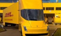 Szczecin,Poland-February 2020Vision of using Tesla Semi Truck electric truck by DHL logistics