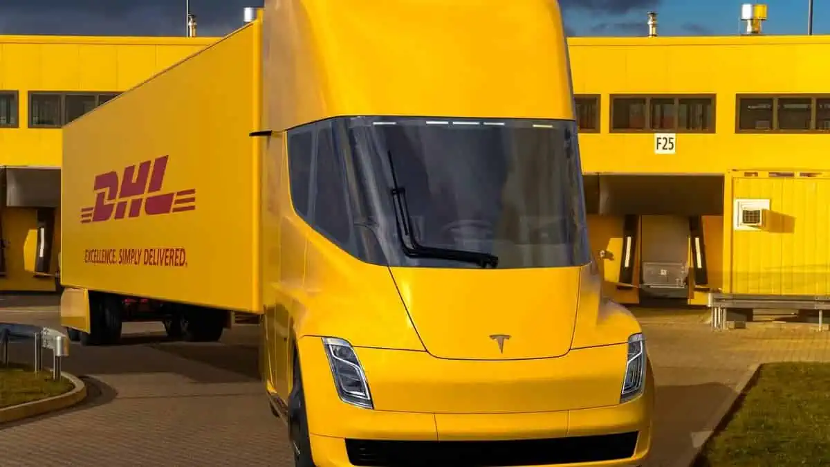 Szczecin,Poland-February 2020Vision of using Tesla Semi Truck electric truck by DHL logistics