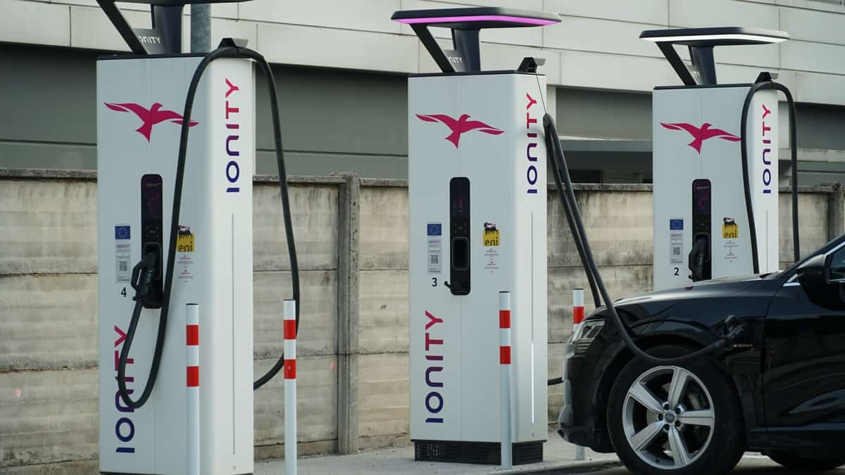 Trento, Triento, Italy - September 13, 2020_ Multiple IONITY DC HPC charging station charging a electric vehicle (Audi etron) at a DC charger