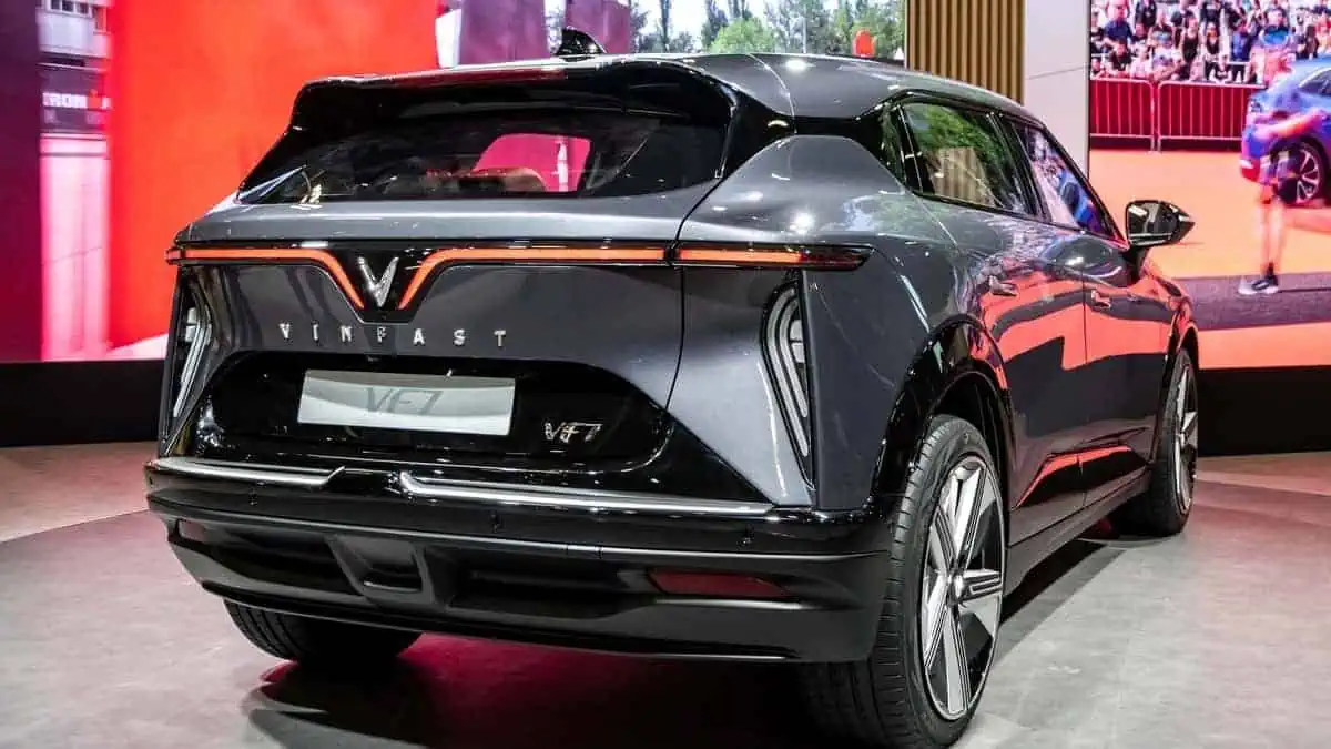 Vinfast VF7 electric compact crossover SUV car showcased at the Paris Motor Show, France - October 17, 2022.