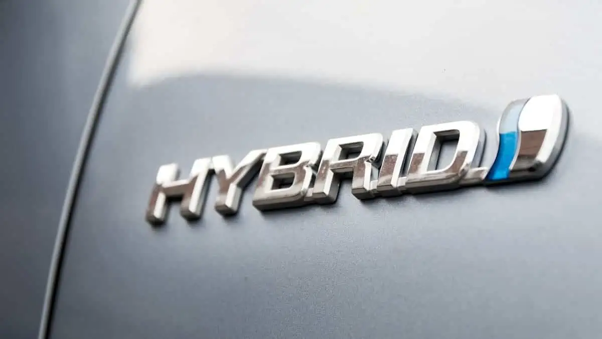 WROCLAW, POLAND - SEPTEMBER 29th, 2016 Hybrid logo on the Toyota car. Hybrid Synergy Drive (HSD) is the brand name of Toyota for hybrid car drive train technology.