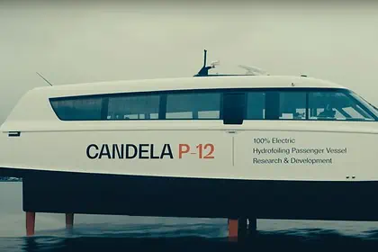 Candela P-12 taking off, 100% electric hydrofoiling passenger vessel, courtesy Candela