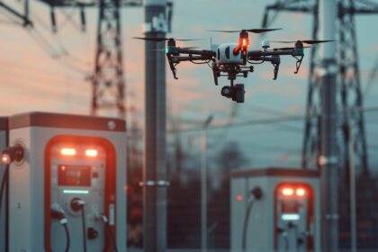 A drone conducting aerial inspections of EV charging stations, power lines, and infrastructure to identify faults, damage, or maintenance needs quickly and efficiently