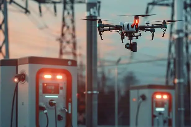 A drone conducting aerial inspections of EV charging stations, power lines, and infrastructure to identify faults, damage, or maintenance needs quickly and efficiently